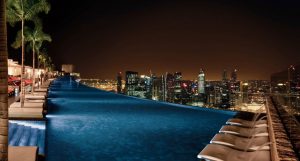 A night time shot of the Marina Bay Sands Infinity pool.