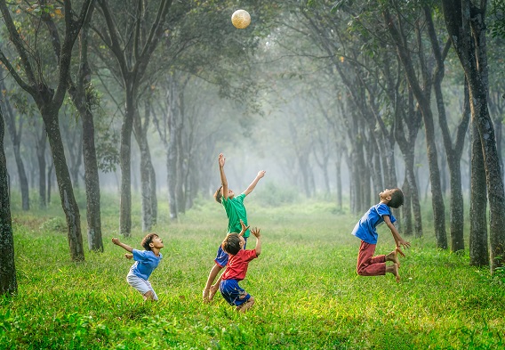 4 boys Playing on Green Grass with Trees In Back